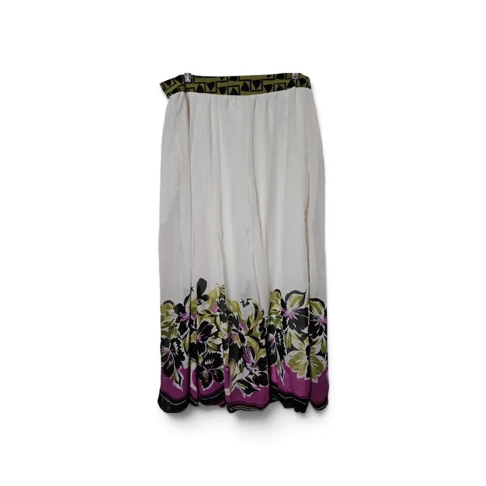 Cato Floral Border Maxi Skirt White Purple Green Geometric Waist 18/20 0570